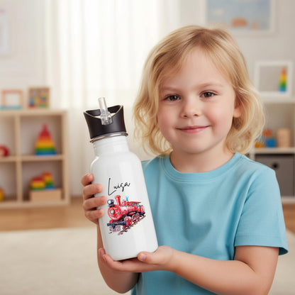 Trinkflasche Kinder personalisiert mit Namen und Fahrzeugen | Edelstahl Kinder Trinkflasche mit Strohhalm