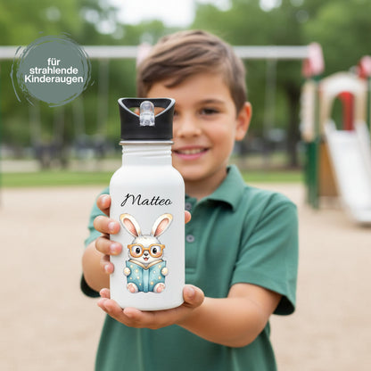 Personalisierte Trinkflasche Kinder mit Namen | Hase Biene Pinguin | Edelstahl Kinder Trinkflasche mit Strohhalm | Kindergarten Schule