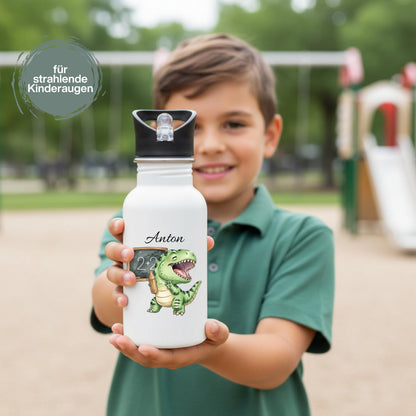 Personalisierte Trinkflasche Kinder mit Namen | Dino & Capybara | Edelstahl Kinder Trinkflasche mit Strohhalm | Kindergarten Schule