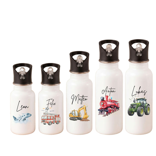 Trinkflasche Kinder personalisiert mit Namen und Fahrzeugen | Edelstahl Kinder Trinkflasche mit Strohhalm