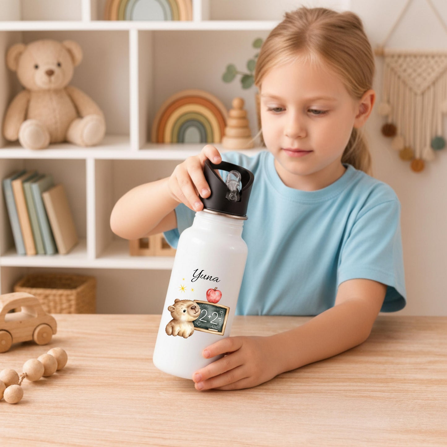 Personalisierte Trinkflasche Kinder mit Namen | Dino & Capybara | Edelstahl Kinder Trinkflasche mit Strohhalm | Kindergarten Schule