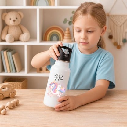 Einhorn Trinkflasche Kinder personalisiert mit Namen | Edelstahl Kinder Trinkflasche mit Strohhalm