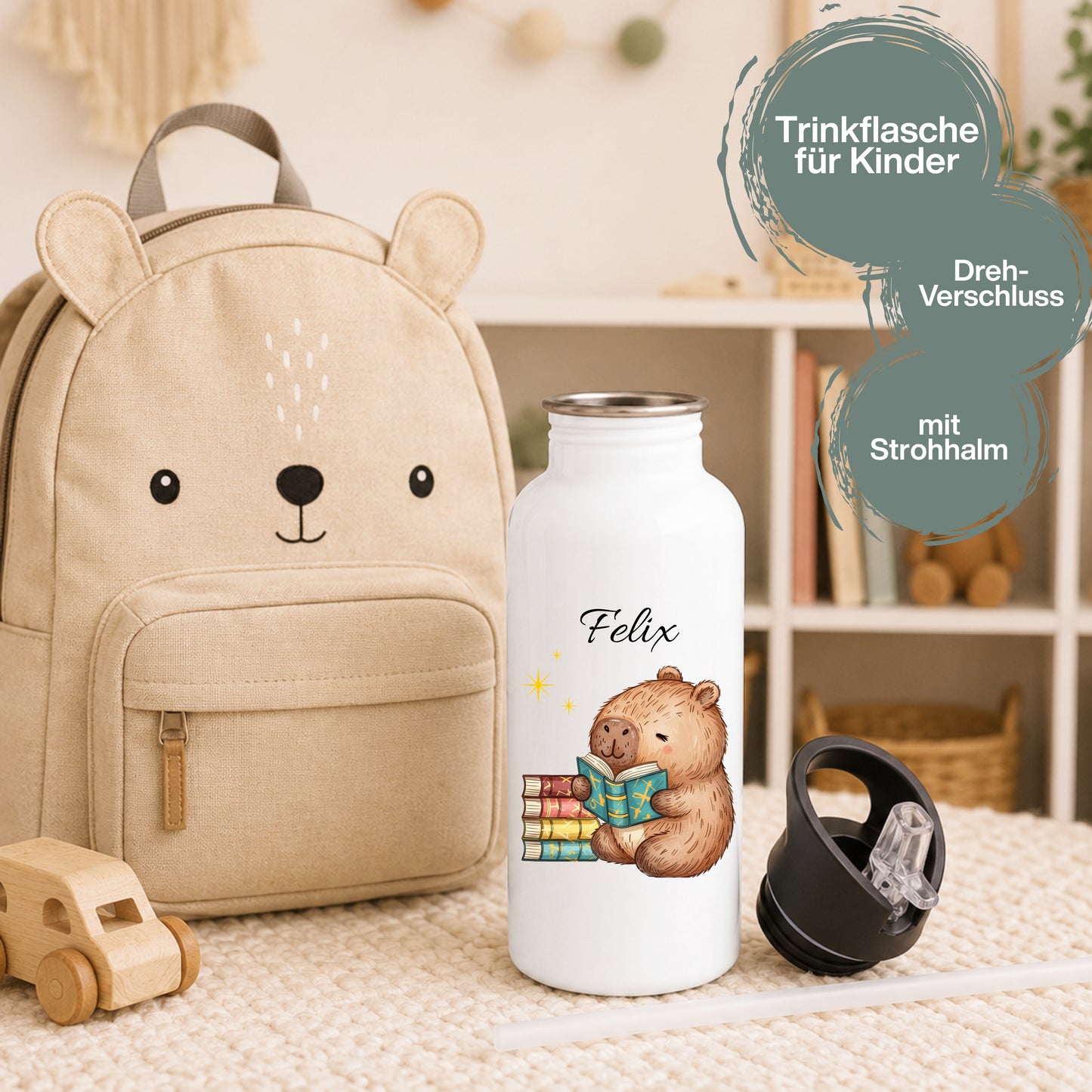Personalisierte Trinkflasche Kinder mit Namen | Dino & Capybara | Edelstahl Kinder Trinkflasche mit Strohhalm | Kindergarten Schule