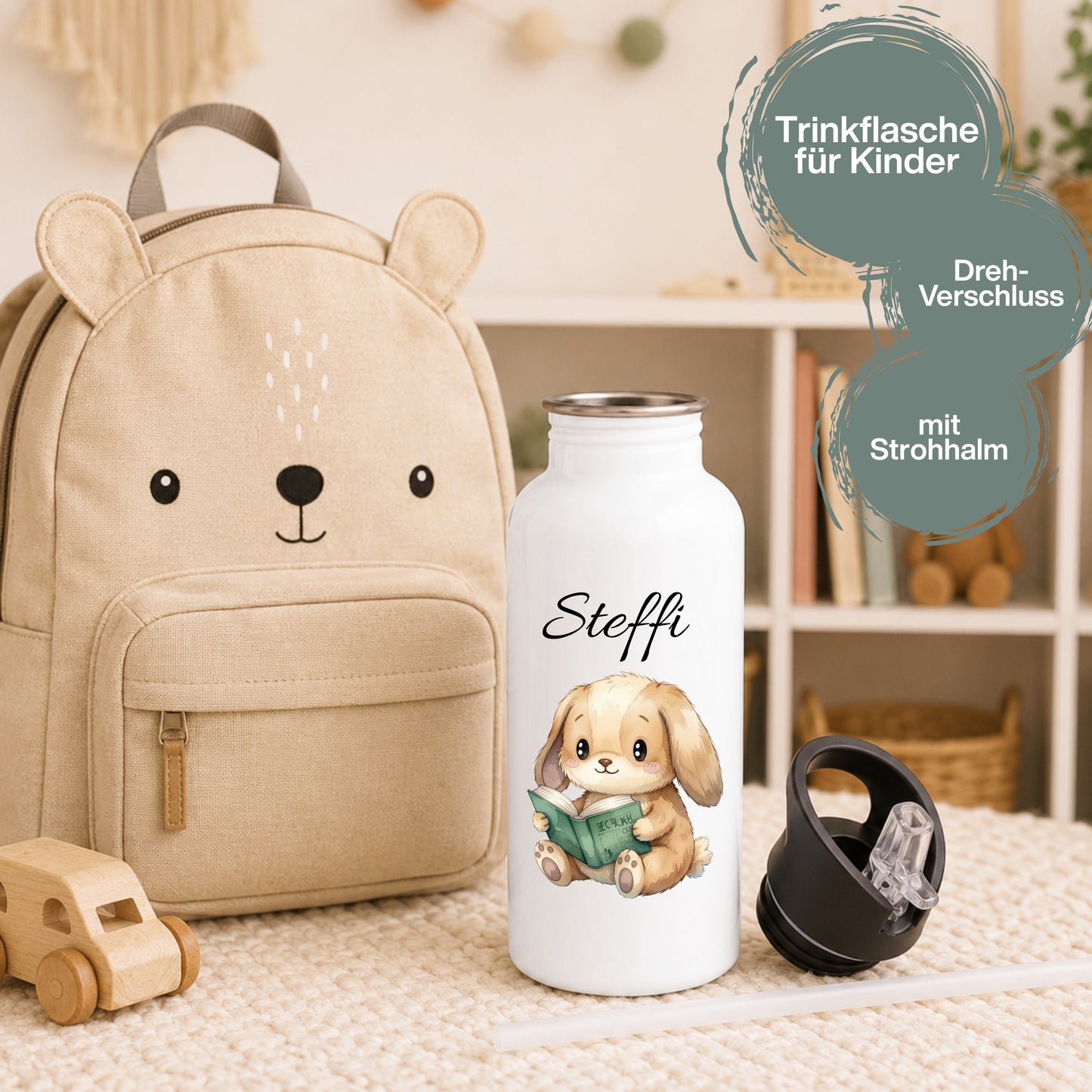 Personalisierte Trinkflasche Kinder mit Namen | Hase Biene Pinguin | Edelstahl Kinder Trinkflasche mit Strohhalm | Kindergarten Schule