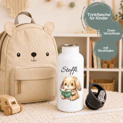Personalisierte Trinkflasche Kinder mit Namen | Hase Biene Pinguin | Edelstahl Kinder Trinkflasche mit Strohhalm | Kindergarten Schule