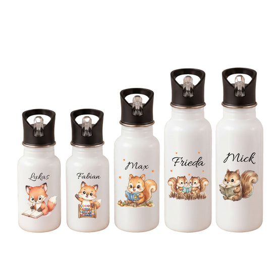 Personalisierte Trinkflasche Kinder mit Namen | Fuchs & Eichhörnchen Edelstahl Kinder Trinkflasche mit Strohhalm | Kindergarten Schule