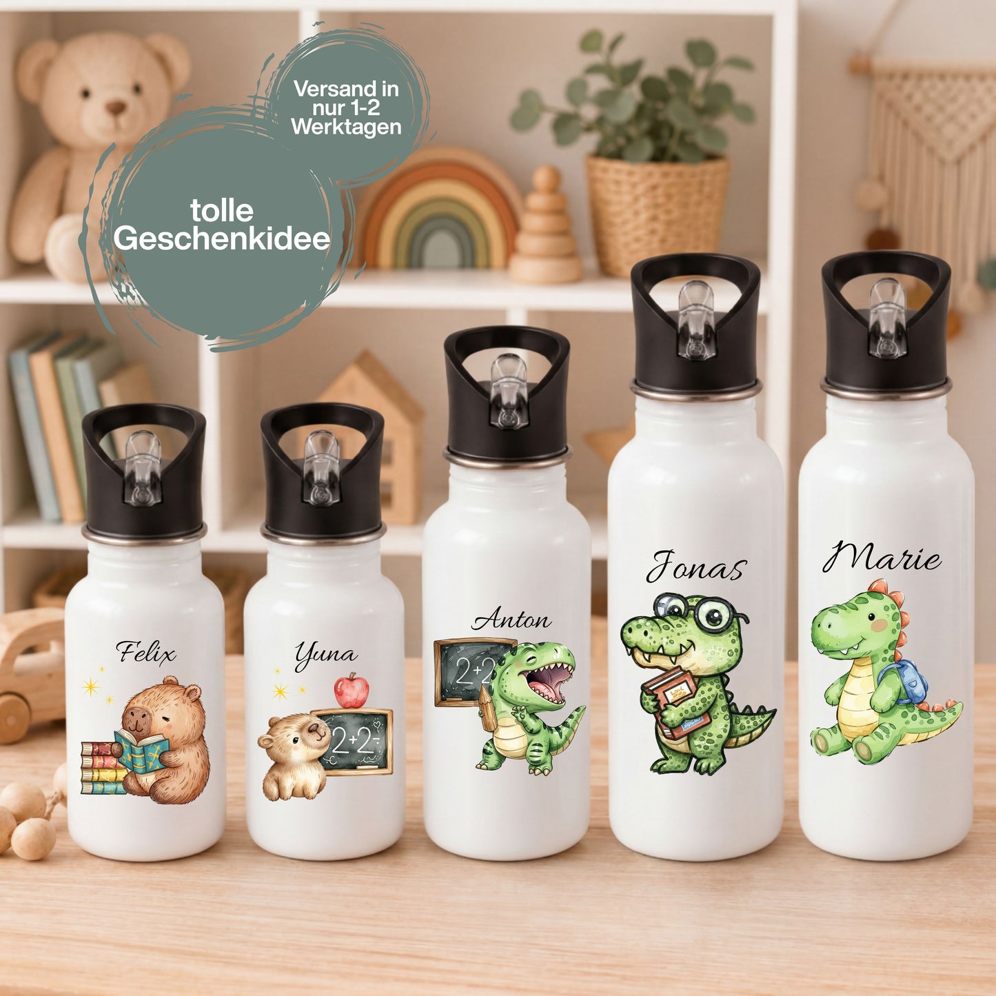 Personalisierte Trinkflasche Kinder mit Namen | Dino & Capybara | Edelstahl Kinder Trinkflasche mit Strohhalm | Kindergarten Schule