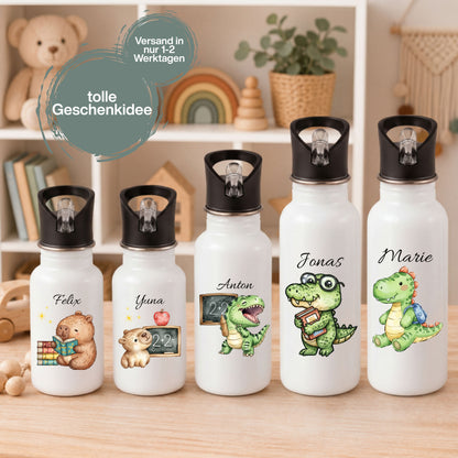 Personalisierte Trinkflasche Kinder mit Namen | Dino & Capybara | Edelstahl Kinder Trinkflasche mit Strohhalm | Kindergarten Schule