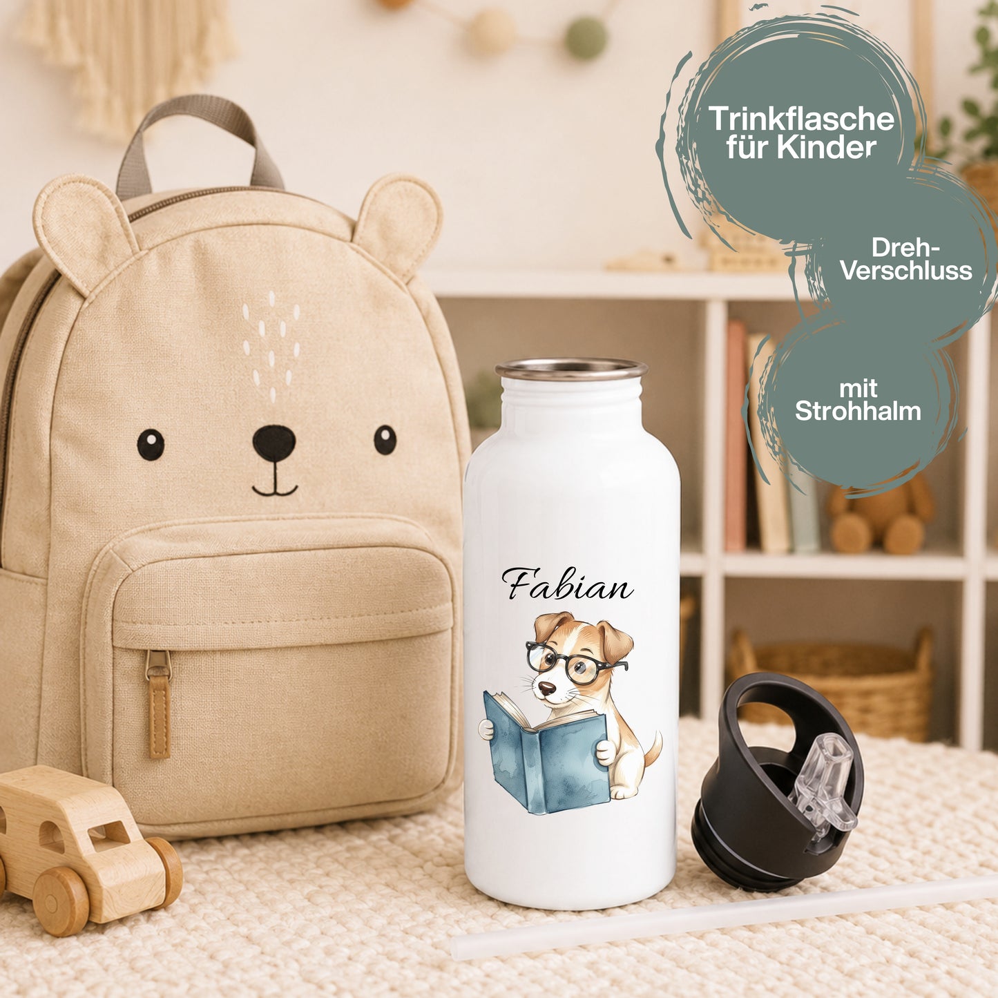 Personalisierte Trinkflasche Kinder mit Namen | Hund Edelstahl Kinder Trinkflasche mit Strohhalm | Kindergarten Schule