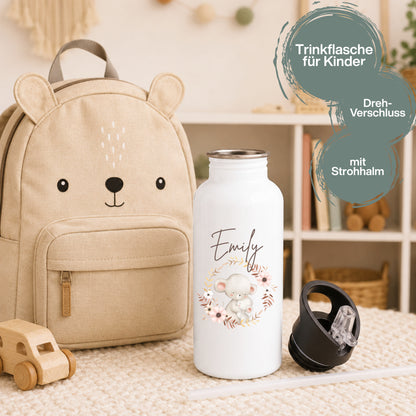 Trinkflasche Kinder personalisiert mit Namen | Waschbär Maus Fuchs Bär Eichhörnchen | Edelstahl Kinder Trinkflasche mit Strohhalm
