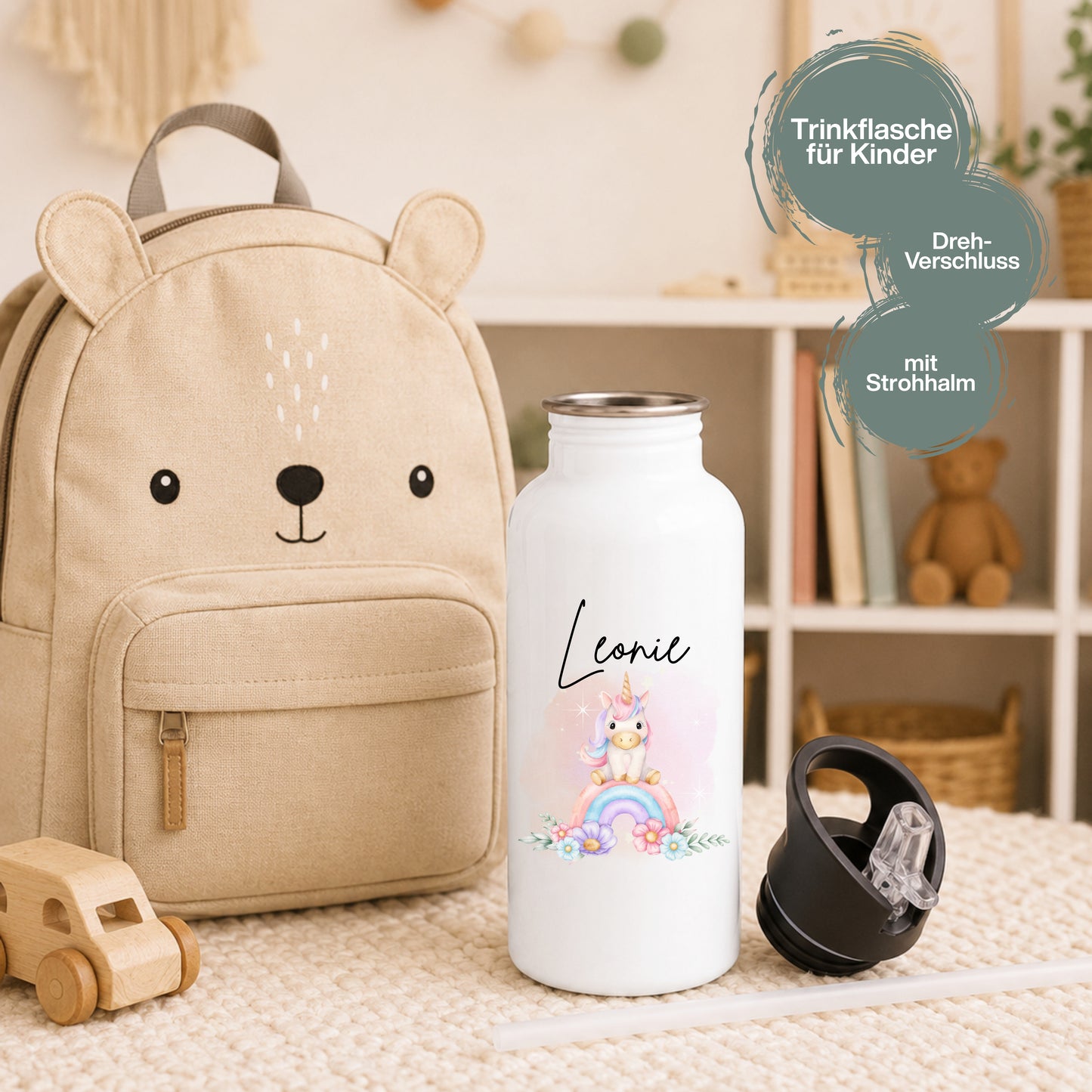 Einhorn Trinkflasche Kinder personalisiert mit Namen | Edelstahl Kinder Trinkflasche mit Strohhalm