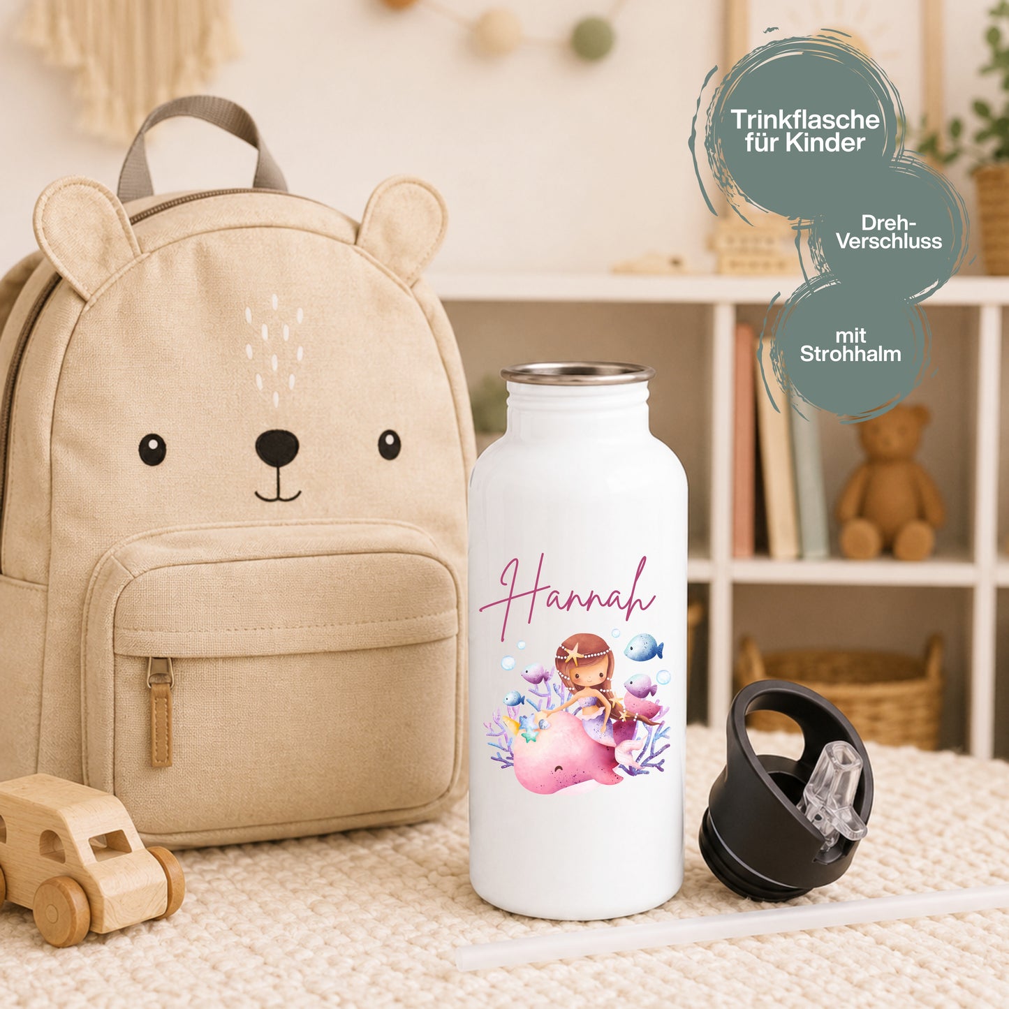 Trinkflasche Kinder personalisiert mit Namen | Prinzessin Meerjungfrau Ballerina Fee | Edelstahl Kinder Trinkflasche mit Strohhalm