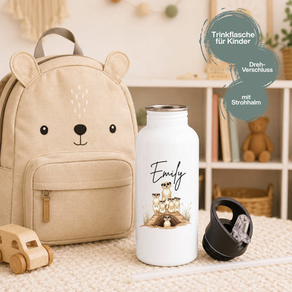 Trinkflasche Kinder personalisiert mit Namen | Panda Koala Otter Erdmännchen Leopard | Edelstahl Kinder Trinkflasche mit Strohhalm