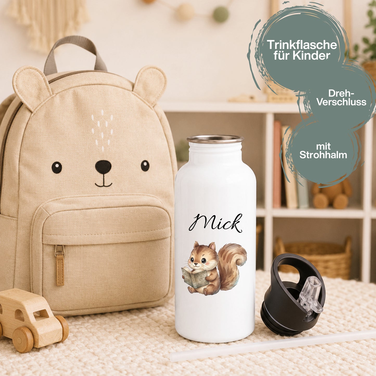Personalisierte Trinkflasche Kinder mit Namen | Fuchs & Eichhörnchen Edelstahl Kinder Trinkflasche mit Strohhalm | Kindergarten Schule