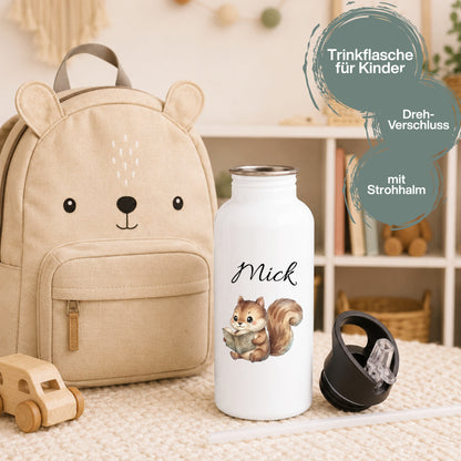 Personalisierte Trinkflasche Kinder mit Namen | Fuchs & Eichhörnchen Edelstahl Kinder Trinkflasche mit Strohhalm | Kindergarten Schule