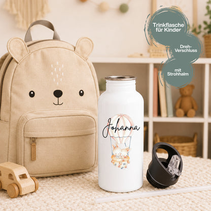 Trinkflasche Kinder personalisiert mit Namen | Pferd Reh Pony Hase | Edelstahl Kinder Trinkflasche mit Strohhalm
