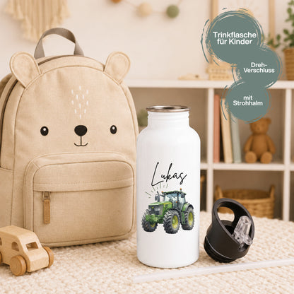 Trinkflasche Kinder personalisiert mit Namen und Fahrzeugen | Edelstahl Kinder Trinkflasche mit Strohhalm