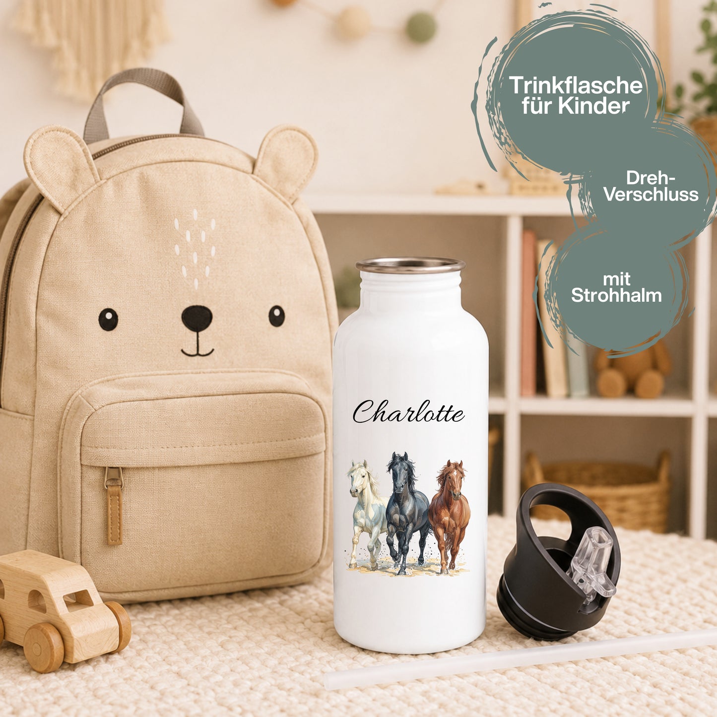 Trinkflasche Kinder personalisiert mit Namen | Dino Axolotl Löwe Einhorn Pferde | Edelstahl Kinder Trinkflasche mit Strohhalm