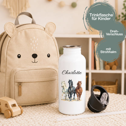 Trinkflasche Kinder personalisiert mit Namen | Dino Axolotl Löwe Einhorn Pferde | Edelstahl Kinder Trinkflasche mit Strohhalm