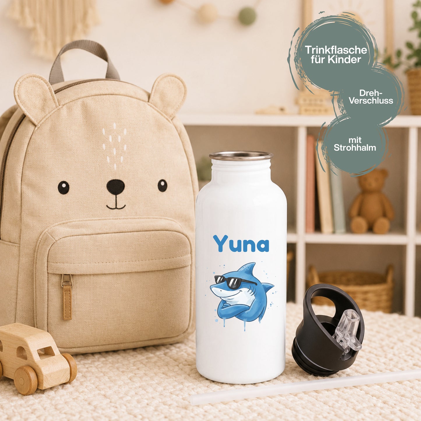 Trinkflasche Kinder personalisiert mit Namen mit Tieren | Edelstahl Kinder Trinkflasche mit Strohhalm
