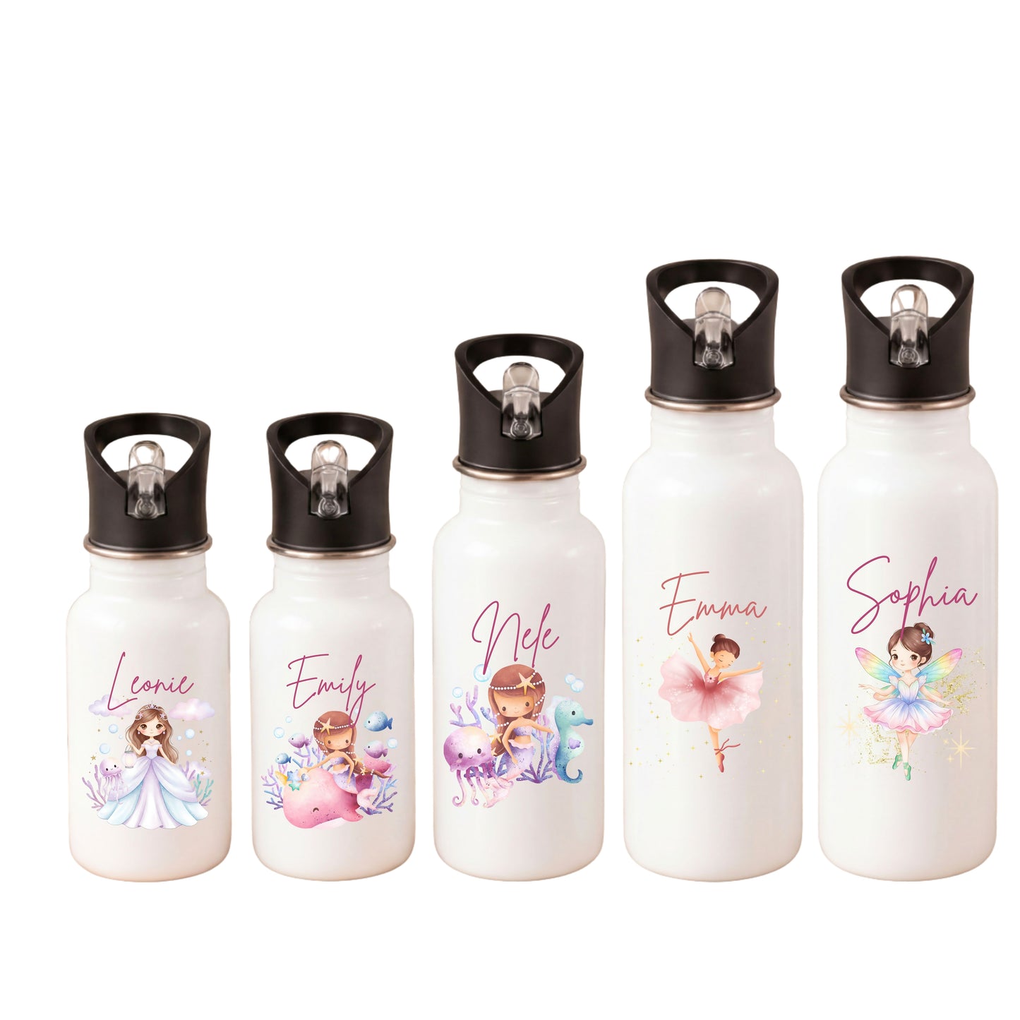 Trinkflasche Kinder personalisiert mit Namen | Prinzessin Meerjungfrau Ballerina Fee | Edelstahl Kinder Trinkflasche mit Strohhalm