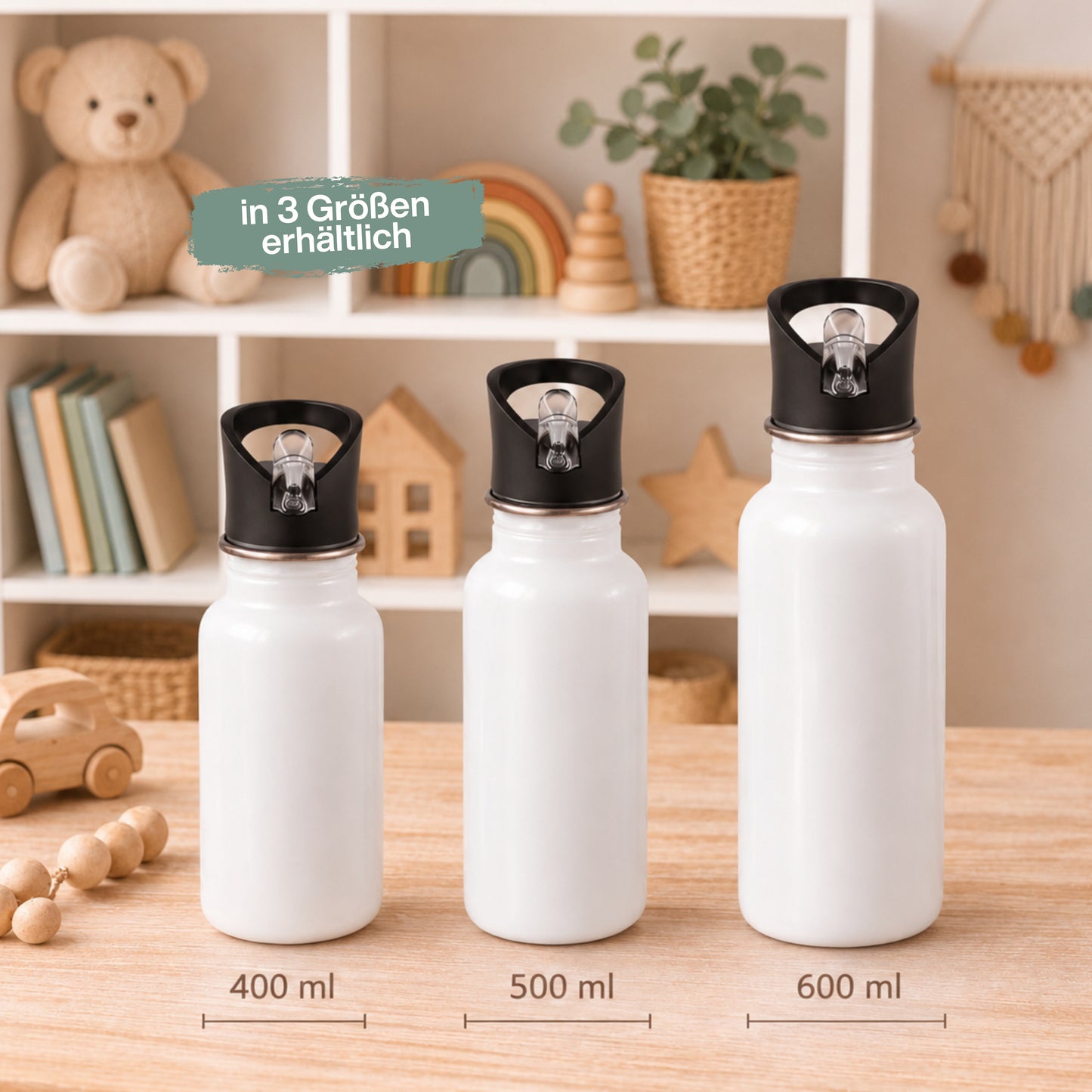 Trinkflasche Kinder personalisiert mit Namen und Fahrzeugen | Edelstahl Kinder Trinkflasche mit Strohhalm