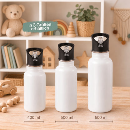 Trinkflasche Kinder personalisiert mit Namen und Fahrzeugen | Edelstahl Kinder Trinkflasche mit Strohhalm