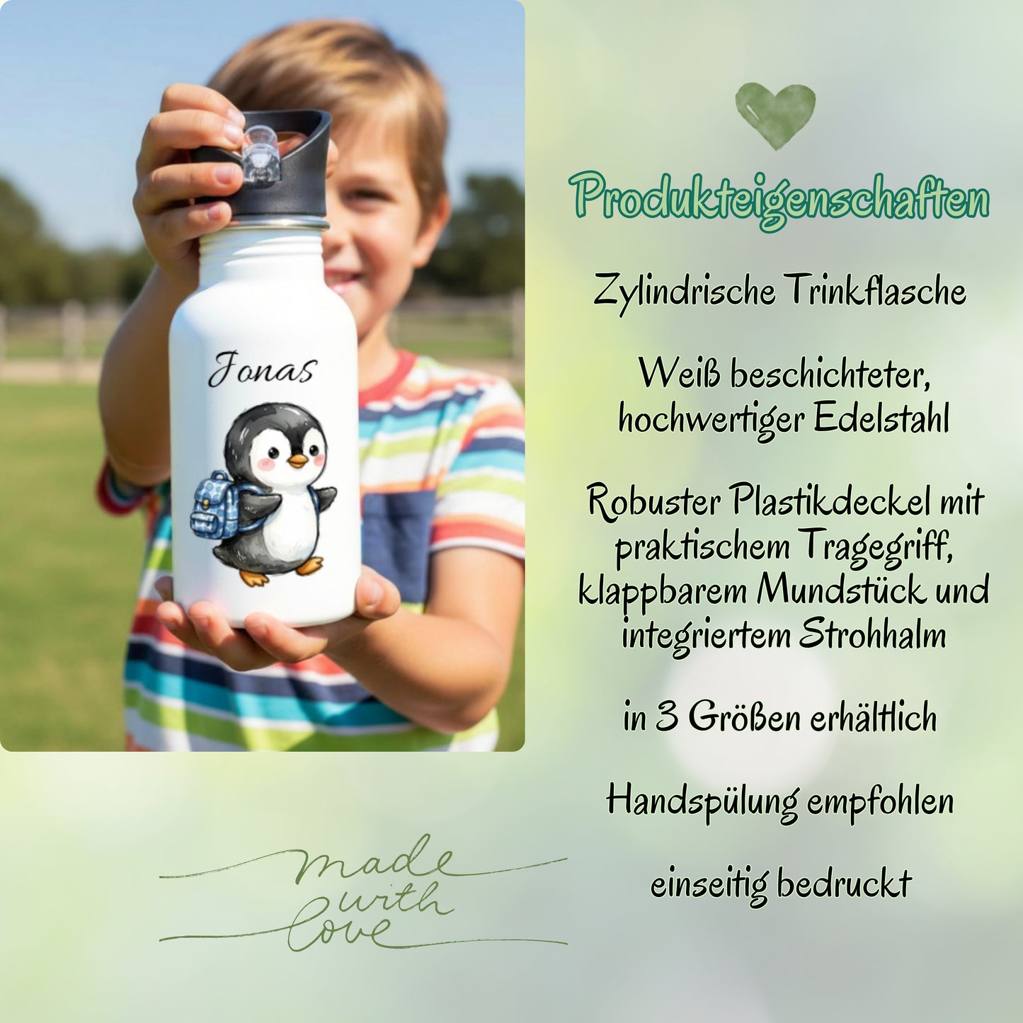 Personalisierte Trinkflasche Kinder mit Namen | Hase Biene Pinguin | Edelstahl Kinder Trinkflasche mit Strohhalm | Kindergarten Schule