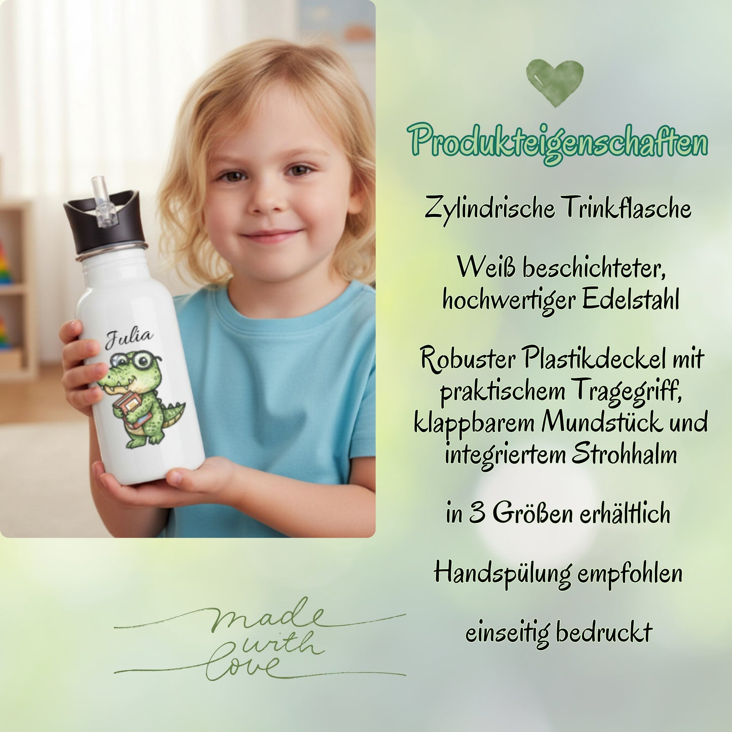 Personalisierte Trinkflasche Kinder mit Namen | Dino & Capybara | Edelstahl Kinder Trinkflasche mit Strohhalm | Kindergarten Schule