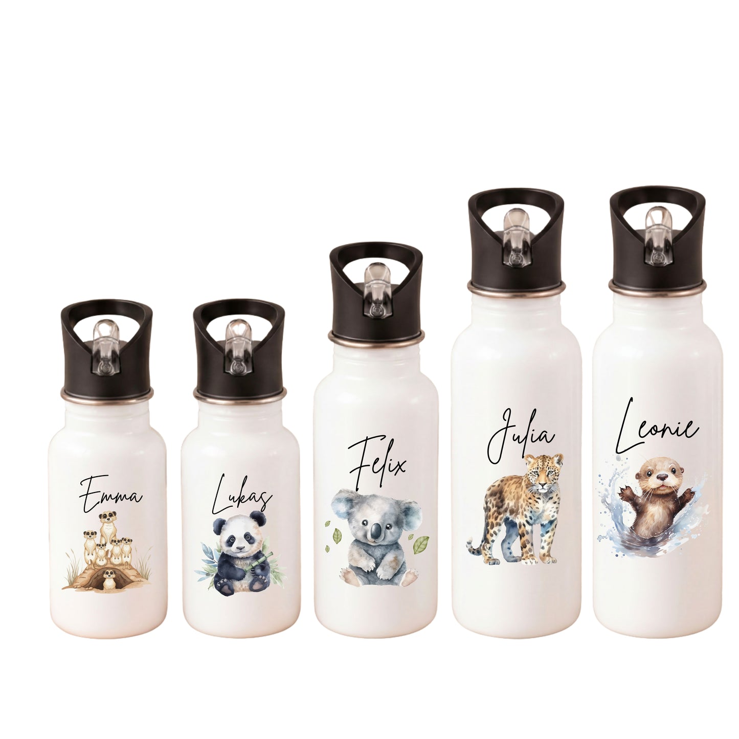 Trinkflasche Kinder personalisiert mit Namen | Panda Koala Otter Erdmännchen Leopard | Edelstahl Kinder Trinkflasche mit Strohhalm