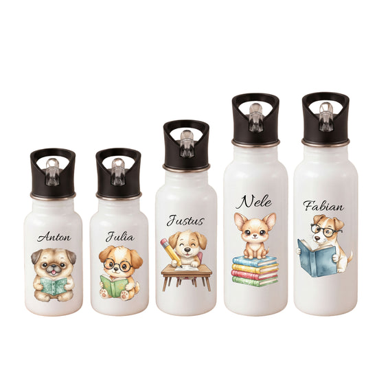 Personalisierte Trinkflasche Kinder mit Namen aus Edelstahl für Kindergarten, Kita und Schule. Kinder Trinkflasche mit Strohhalm und Tragegriff in 400 ml, 500 ml oder 600 ml. Personalisierte Kinderflasche mit Hund und Welpen Motiv für Jungen und Mädchen. Edelstahl Trinkflasche mit Wunschname als Geschenk zum Kita-Start, Geschenk zur Einschulung, Geburtstagsgeschenk oder Kindergarten Geschenk. Hochwertige Kinder Trinkflasche aus Edelstahl für Kindergartenkinder und Schulkinder mit Hundemotiven
