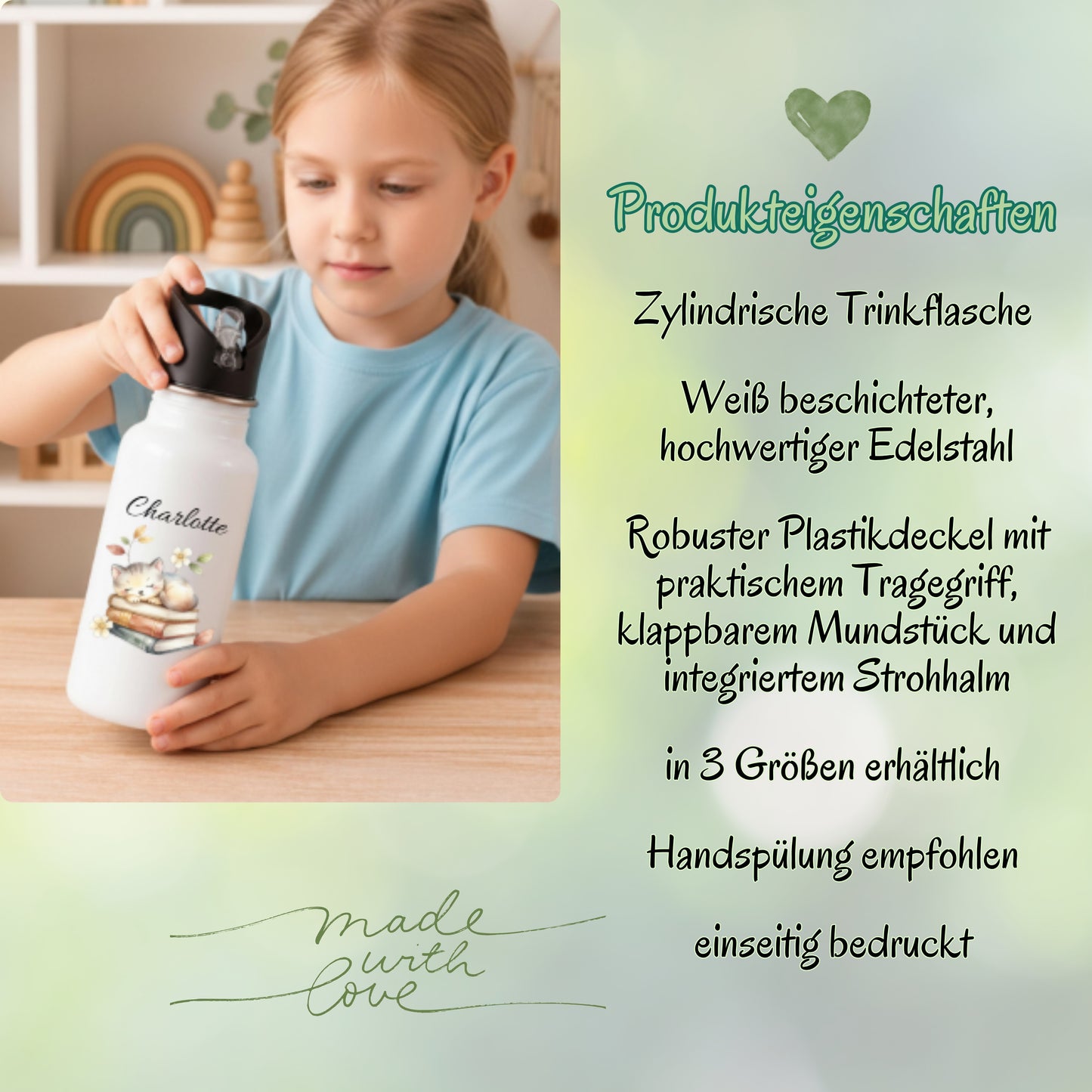 Personalisierte Trinkflasche Kinder mit Namen | Katze Edelstahl Kinder Trinkflasche mit Strohhalm | Kindergarten Schule