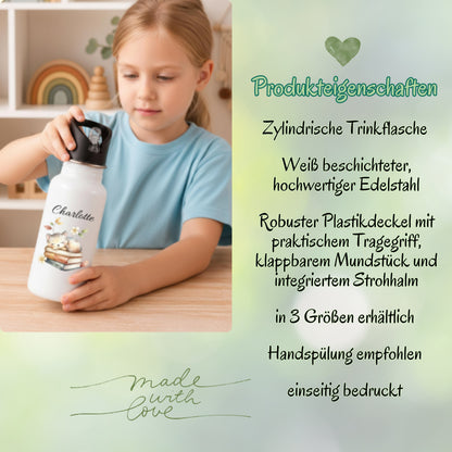 Personalisierte Trinkflasche Kinder mit Namen | Katze Edelstahl Kinder Trinkflasche mit Strohhalm | Kindergarten Schule