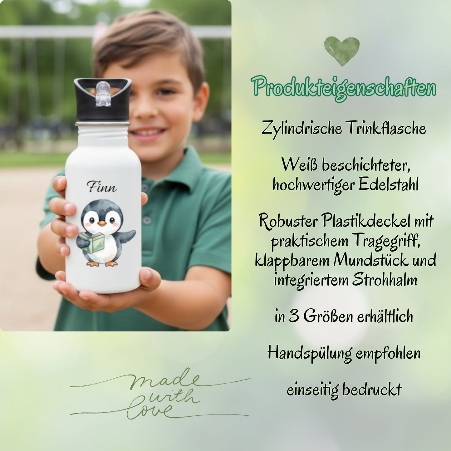 Personalisierte Trinkflasche Kinder mit Namen | Axolotl Waschbär Pinguin Gans Panda | Edelstahl Kinder Trinkflasche mit Strohhalm | Kindergarten Schule