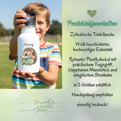 Personalisierte Trinkflasche Kinder mit Namen | Eule Igel Elefant Zebra Frosch | Edelstahl Kinder Trinkflasche mit Strohhalm | Kindergarten Schule