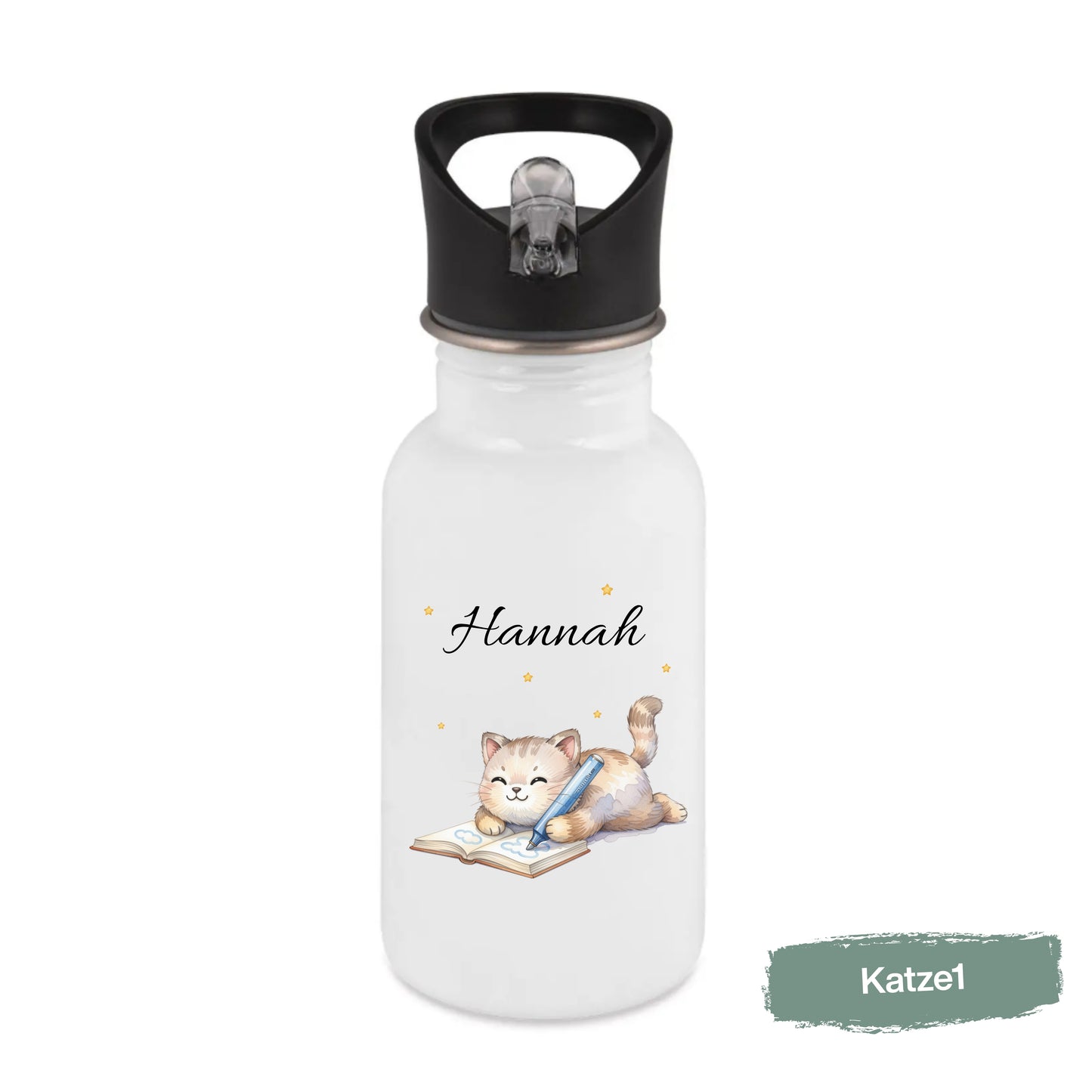 Personalisierte Trinkflasche Kinder mit Namen aus Edelstahl für Kindergarten, Kita und Schule. Kinder Trinkflasche mit Strohhalm und Tragegriff in 400 ml, 500 ml oder 600 ml. Personalisierte Kinderflasche mit niedlichen Katzenmotiven für Jungen und Mädchen. Edelstahl Trinkflasche mit Wunschname als Geschenk zum Kita-Start, Geschenk zur Einschulung, Geburtstagsgeschenk oder Kindergarten Geschenk Hochwertige Kinder Trinkflasche aus Edelstahl mit Katzenmotiven für Kindergartenkinder und Schulkinder