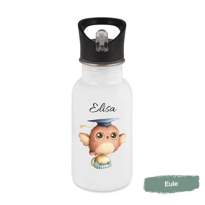 Personalisierte Trinkflasche Kinder mit Namen aus Edelstahl für Kindergarten, Kita und Schule. Kinder Trinkflasche mit Strohhalm und Tragegriff in 400 ml, 500 ml oder 600 ml. Personalisierte Kinderflasche mit Eule, Igel, Elefant, Zebra und Frosch Motiv für Jungen und Mädchen. Edelstahl Trinkflasche mit Wunschname als Geschenk zum Kita-Start, Geschenk zur Einschulung, Geburtstagsgeschenk oder Kindergarten Geschenk. Hochwertige Kinder Trinkflasche für Kindergartenkinder und Schulkinder mit Tieren