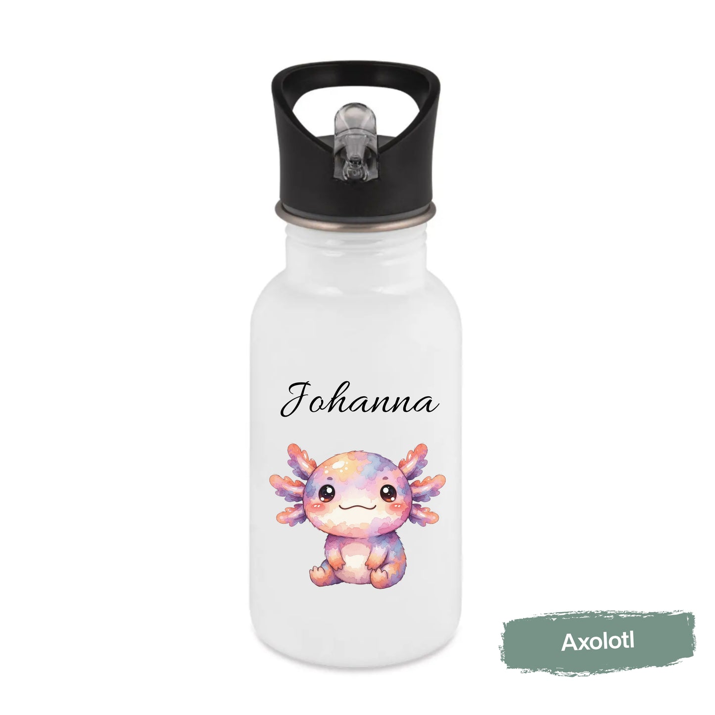 Personalisierte Trinkflasche Kinder mit Namen | Axolotl Waschbär Pinguin Gans Panda | Edelstahl Kinder Trinkflasche mit Strohhalm | Kindergarten Schule
