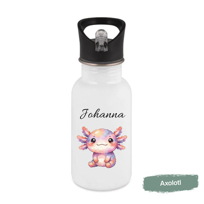 Personalisierte Trinkflasche Kinder mit Namen | Axolotl Waschbär Pinguin Gans Panda | Edelstahl Kinder Trinkflasche mit Strohhalm | Kindergarten Schule
