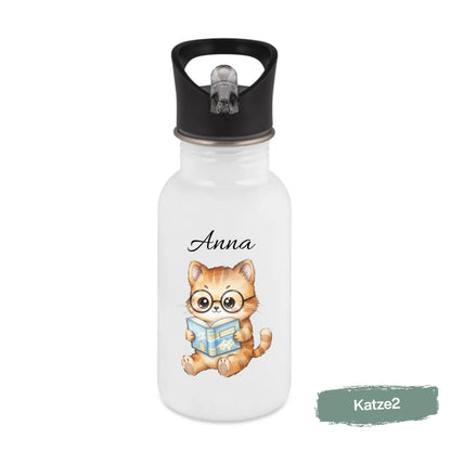 Personalisierte Trinkflasche Kinder mit Namen | Katze Edelstahl Kinder Trinkflasche mit Strohhalm | Kindergarten Schule
