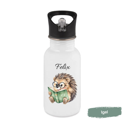 Personalisierte Trinkflasche Kinder mit Namen | Eule Igel Elefant Zebra Frosch | Edelstahl Kinder Trinkflasche mit Strohhalm | Kindergarten Schule