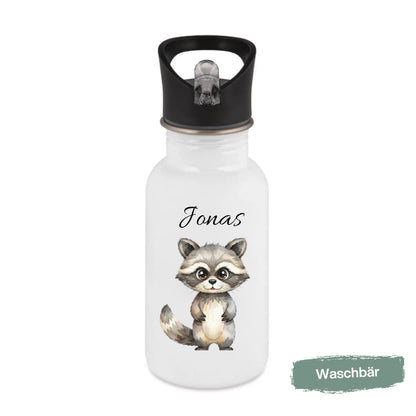 Personalisierte Trinkflasche Kinder mit Namen | Axolotl Waschbär Pinguin Gans Panda | Edelstahl Kinder Trinkflasche mit Strohhalm | Kindergarten Schule