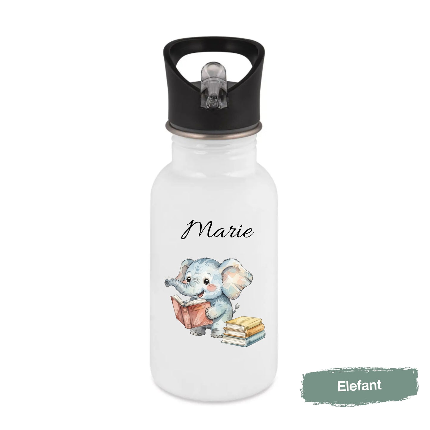 Personalisierte Trinkflasche Kinder mit Namen | Eule Igel Elefant Zebra Frosch | Edelstahl Kinder Trinkflasche mit Strohhalm | Kindergarten Schule