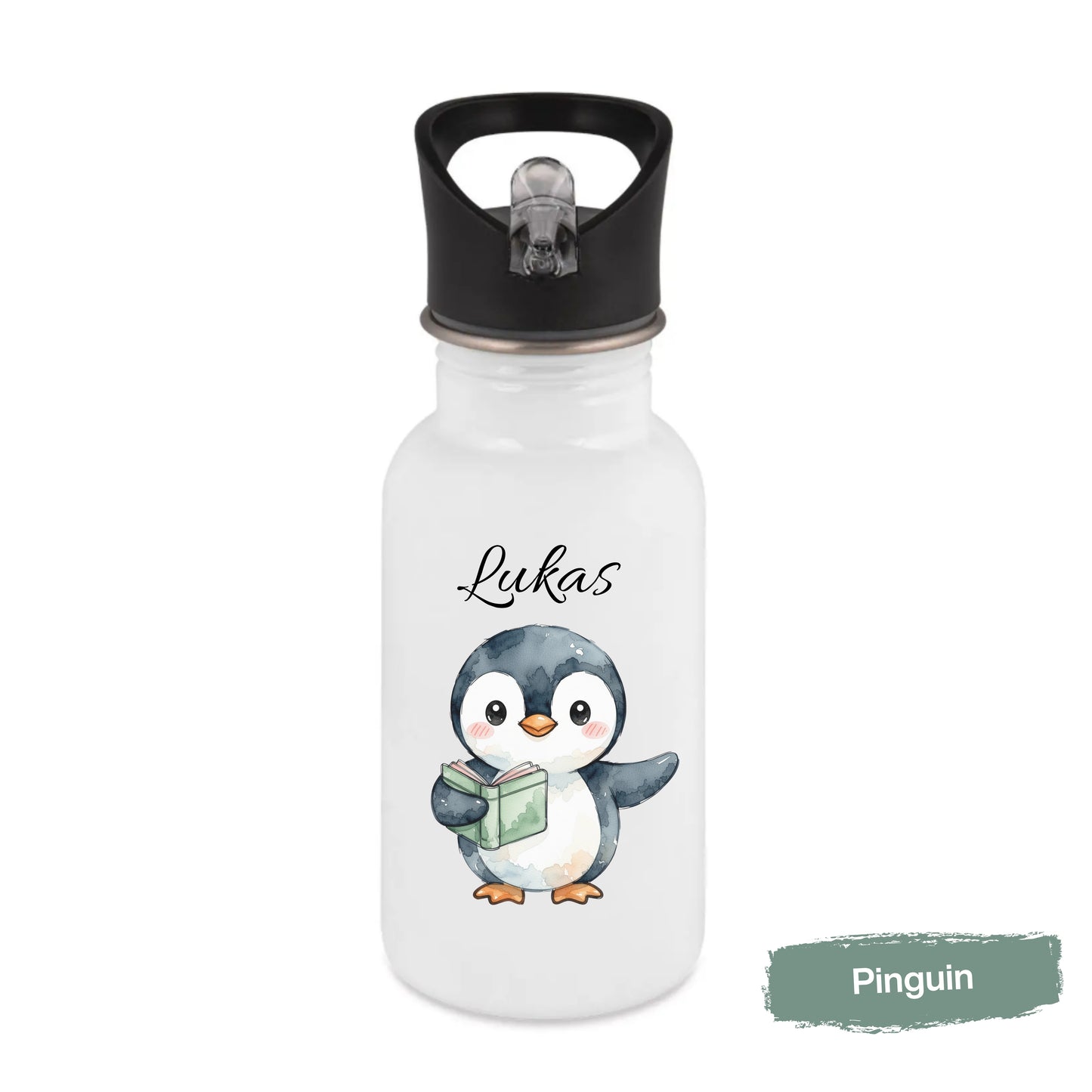 Personalisierte Trinkflasche Kinder mit Namen | Axolotl Waschbär Pinguin Gans Panda | Edelstahl Kinder Trinkflasche mit Strohhalm | Kindergarten Schule