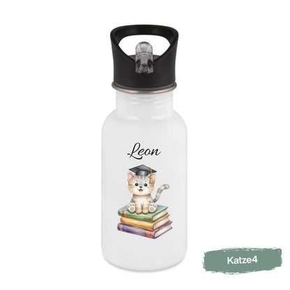 Personalisierte Trinkflasche Kinder mit Namen | Katze Edelstahl Kinder Trinkflasche mit Strohhalm | Kindergarten Schule