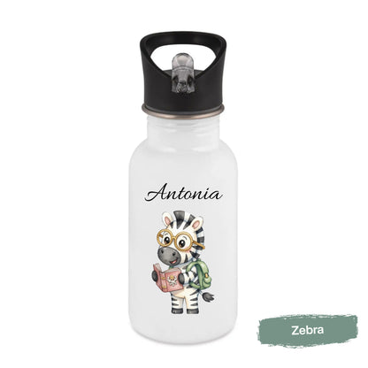 Personalisierte Trinkflasche Kinder mit Namen | Eule Igel Elefant Zebra Frosch | Edelstahl Kinder Trinkflasche mit Strohhalm | Kindergarten Schule