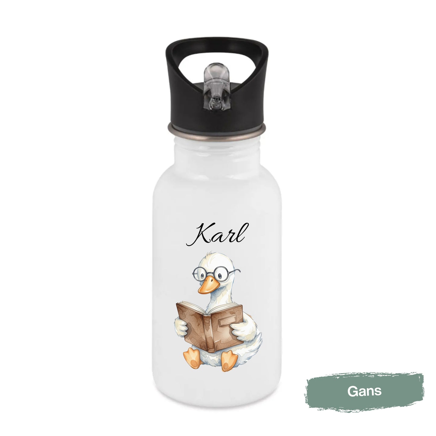 Personalisierte Trinkflasche Kinder mit Namen | Axolotl Waschbär Pinguin Gans Panda | Edelstahl Kinder Trinkflasche mit Strohhalm | Kindergarten Schule