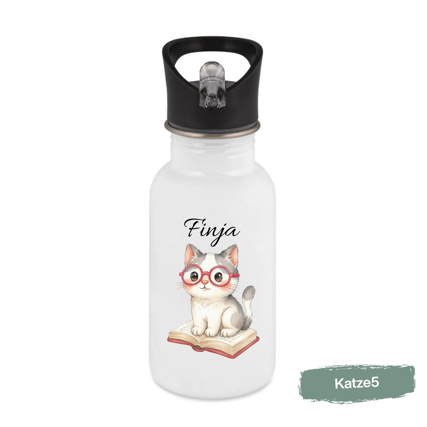 Personalisierte Trinkflasche Kinder mit Namen | Katze Edelstahl Kinder Trinkflasche mit Strohhalm | Kindergarten Schule