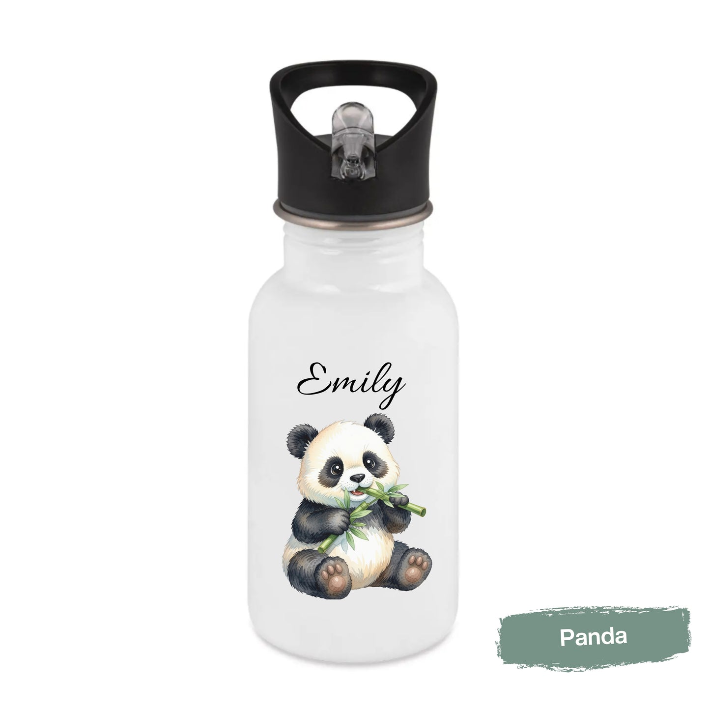 Personalisierte Trinkflasche Kinder mit Namen | Axolotl Waschbär Pinguin Gans Panda | Edelstahl Kinder Trinkflasche mit Strohhalm | Kindergarten Schule