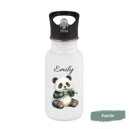 Personalisierte Trinkflasche Kinder mit Namen | Axolotl Waschbär Pinguin Gans Panda | Edelstahl Kinder Trinkflasche mit Strohhalm | Kindergarten Schule